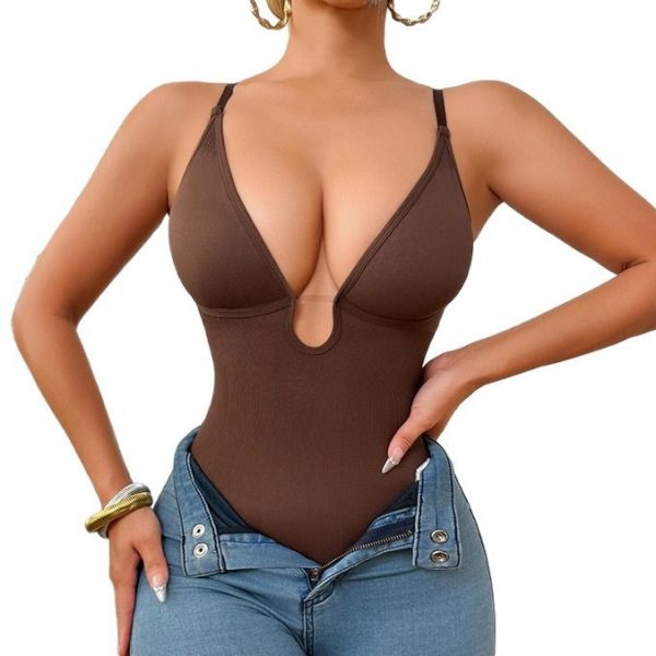 Deep V-neck seamless shapewear bodysuit with tummy control and butt lift support in black