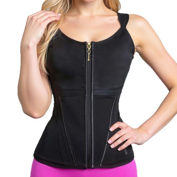 Boned waist trainer vest with front zipper in black