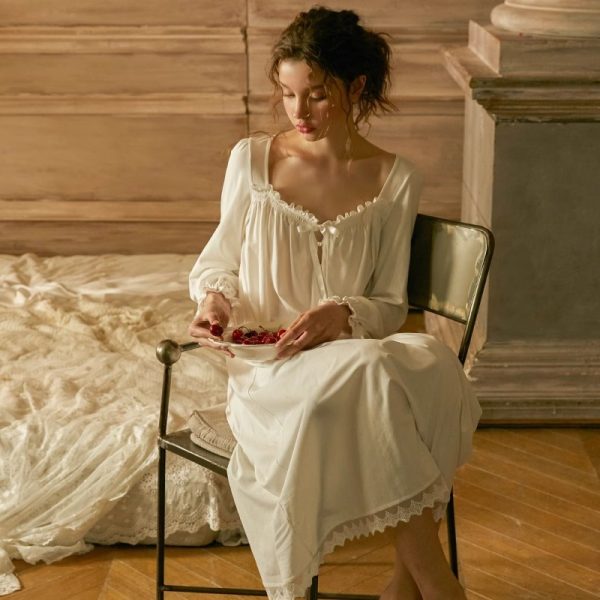 French style white cotton princess nightdress with square neckline and long sleeves